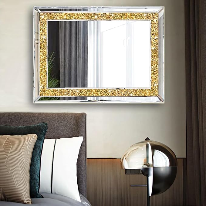 2 Piece Wall Mirrors, Crush Diamond Wall Decor, Gold Color Decorative Mirrors for Living Room, Bedroom, Bathroom. (11'x15')
