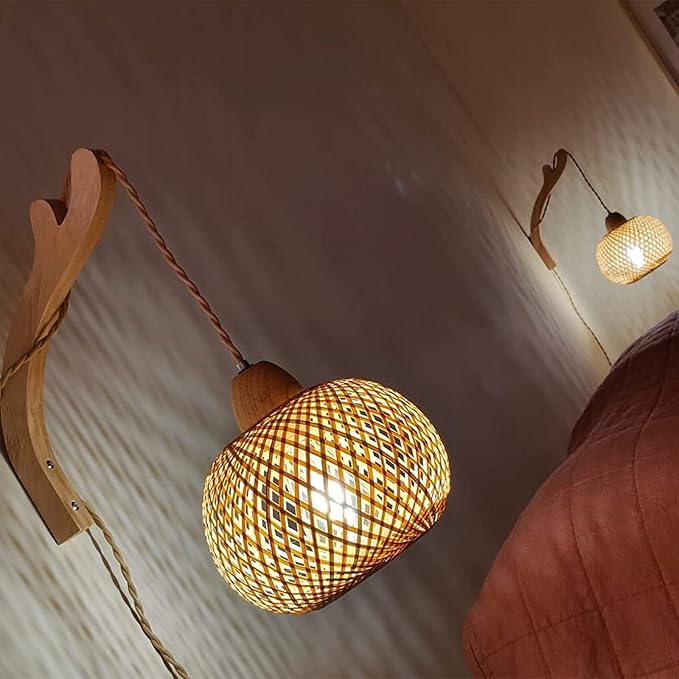 Frideko Bamboo Lantern Plug in Wall Sconces Wicker Wall Lamp with Plug in Cord Hand Woven Rattan Wall Light Farmhouse Rustic Wall Sconces Boho Sconces Wall Lighting for Living Room Bedroom