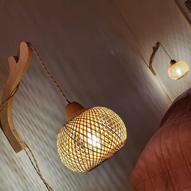 Frideko Bamboo Wall Sconces Set of Two Plug in, Boho Wall Lamp with Plug in Cord, Farmhouse Wall Light Fixtures with 9.84FT On/Off Switch Cord, Rattan Sconces Wall Lighting for Bedroom Living Room