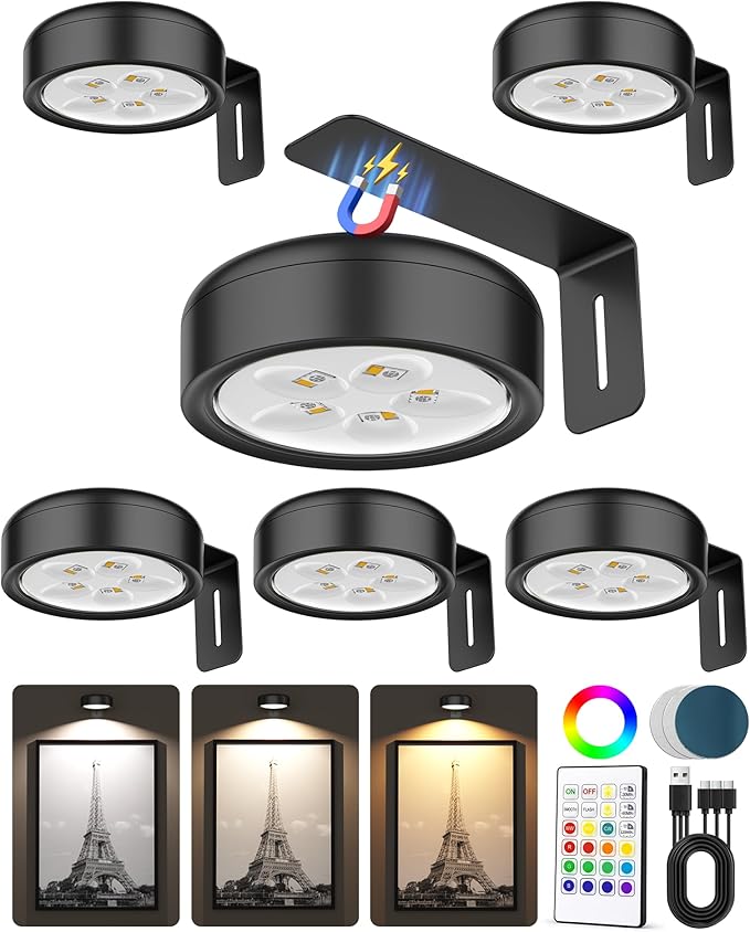 Picture Lights for Wall,Wireless 2000mAh Rechargeable Magnetic LED Puck Lights with Remote,3 Color Temps and 12 RGB,Dimming & Timer,Art Frame Light for Painting Display,Photos,Wall Decor(6 Pack)