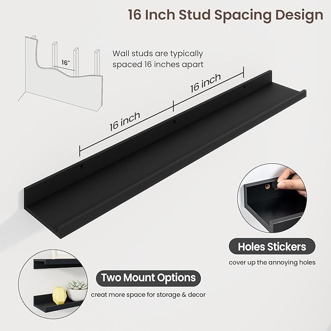 Axeman 40 Inch Floating Shelves | Black Picture Ledge Shelf Set of 3 | Rustic Wood Wall Shelves with Lip | 40