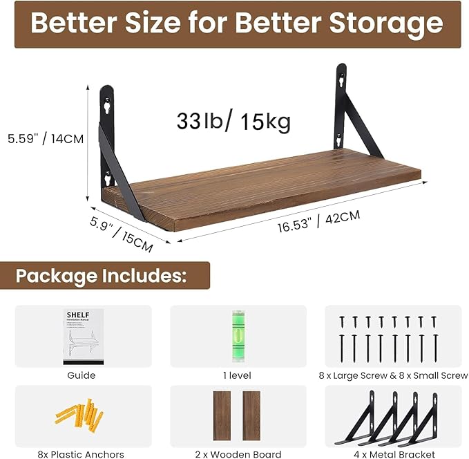 AGM Floating Shelves, 16.7 Inch Bathroom Shelf Set of 2, Rustic Wood Wall Mounted Shelf for Storage&Room Decor, Floating Shelf for Plants, Bedroom, Kitchen, Office, Living Room(Dark Brown)