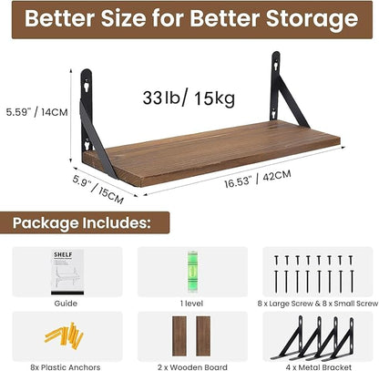 AGM Floating Shelves, 16.7 Inch Bathroom Shelf Set of 2, Rustic Wood Wall Mounted Shelf for Storage&Room Decor, Floating Shelf for Plants, Bedroom, Kitchen, Office, Living Room(Dark Brown)