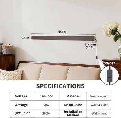 Farmhouse Plug in Long Wall Sconce, 39.3" Faux Walnut Finish LED Wall Lights, 20W Warm White 3000K Acrylic Indoor Wall lamp, with 59" Plug Cable for Bedroom, Living Room, Hallway