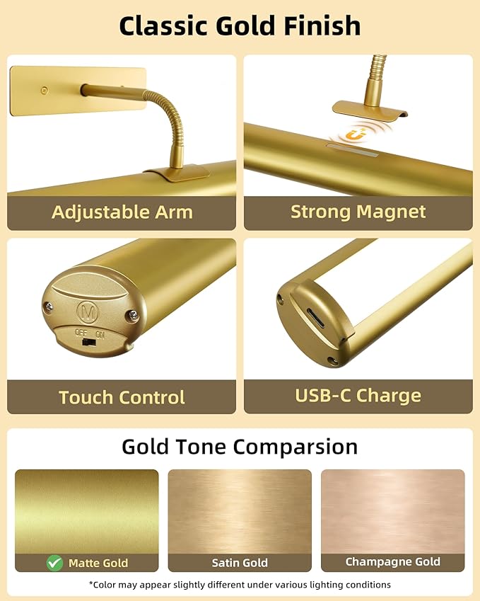 EZVALO Picture Lights for Wall, 16'' Rechargeable 6000mAh Painting Lights with Remote, Wireless Dimmable 3 Color Temps Art Lights for Gallery, Living Room, Hallway (Gold, 2Pack)