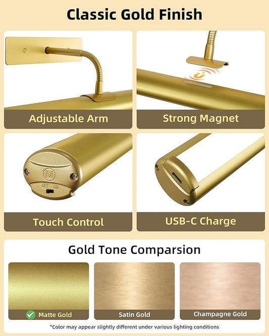 EZVALO Wireless Picture Light for Wall, 13Inch 4000mAh Rechargeable Battery Painting Light with Remote, 3 Color Temps Dimmable Gold LED Art Light for Gallery, Living Room, Hallway