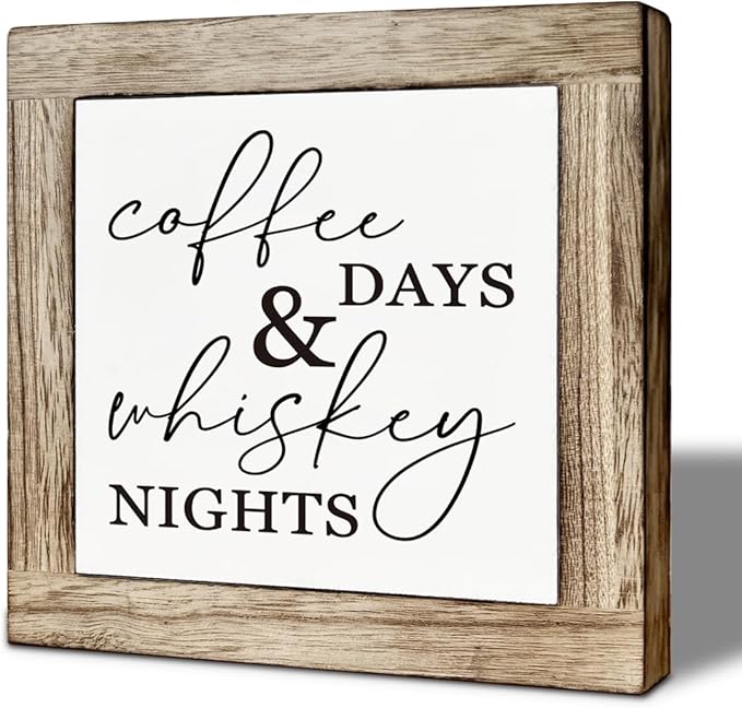 Coffee Bar Wooden Decor, Coffee Day Whiskey Nights Sign, Farmhouse Cafe and Bar Table Top Decoration, Rustic Wooden Table and Shelves Decor 5.9X5.9 Inches