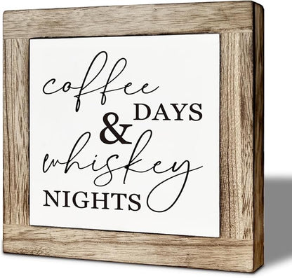 Coffee Bar Wooden Decor, Coffee Day Whiskey Nights Sign, Farmhouse Cafe and Bar Table Top Decoration, Rustic Wooden Table and Shelves Decor 5.9X5.9 Inches