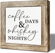 Coffee Bar Wooden Decor, Coffee Day Whiskey Nights Sign, Farmhouse Cafe and Bar Table Top Decoration, Rustic Wooden Table and Shelves Decor 5.9X5.9 Inches