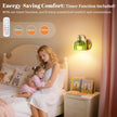 Rechargeable Battery Operated Wall Sconce Set of Two with Green Glass Lampshade, Wireless Battery Powered Wall Lamp with Remote Control, 15 Colors Gold Wall Light for Bedside Hallway Bedroom Doorway