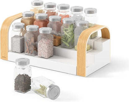 Umbra Bellwood Three-Tier Spice Shelf, Expandable Design Made of Durable Plastic and Wood, Natural/White