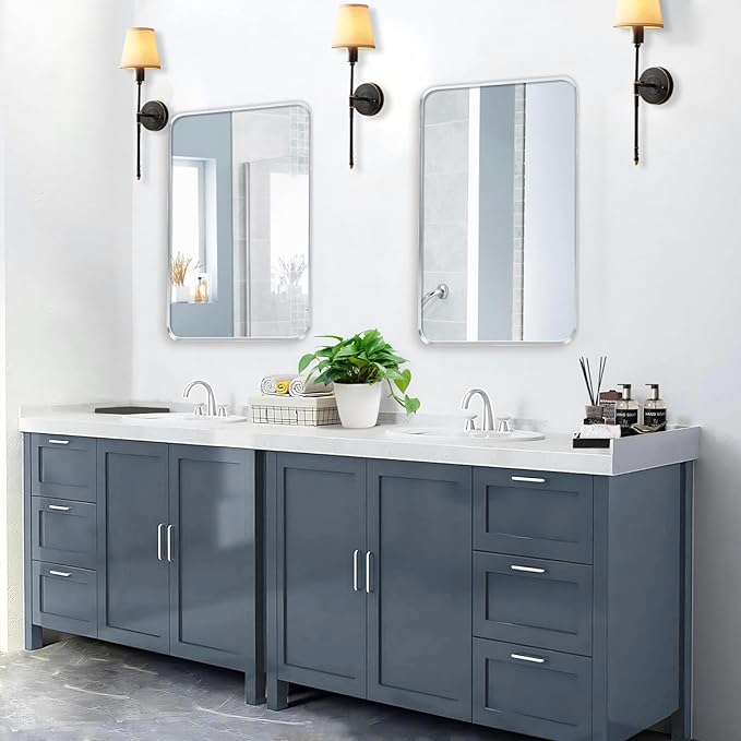 Wall Mount Mirror for Bathroom, Brushed Silver Metal Framed Rounded Corner Rectangular Vanity Mirror (24