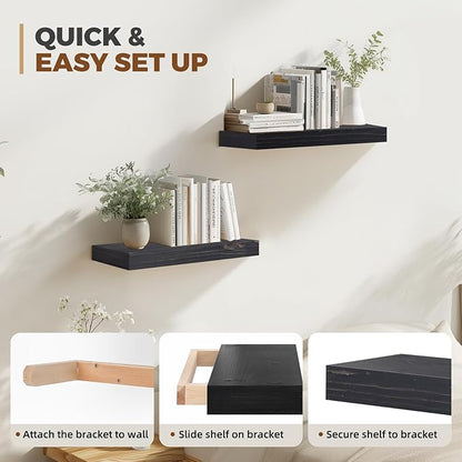 17x6.8x2 Inch Rustic Floating Shelves for Wall Set of 2 - Black Solid Wood Wall Mounted Shelves with Invisible Bracket, Compact Design for Farmhouse Living Room Bedroom Kitchen Decor