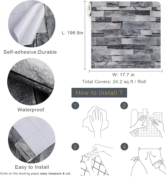 Timeet Brick Wallpaper Peel and Stick Wallpaper Vintage Brick Wallpaper 17.7”X 196.85” Faux Textured Wallpaper Stone Look Self Adhesive Removable Wall Paper Easy to Install