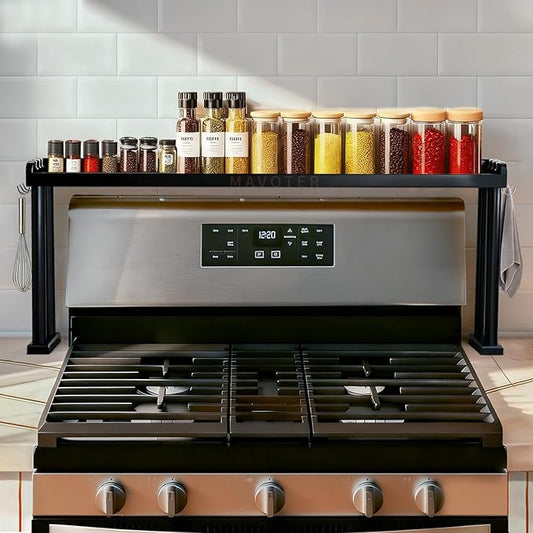 Over the Stove Shelf, Bamboo Stove Top Spice Rack for Kitchen,Wooden Stove Shelf for Back of Stove, Non-slip Countertop Seasoning Organizer with 6 hooks,Easy to Assemble 33.5*4.5*13.4” Black