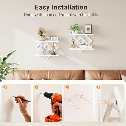 ELYKEN Floating Shelves for Wall, Set of 2 Hanging Shelves, 2-Tier Wall Mounted Storage Shelves for Books & Decor, Perfect for Living Room, Bedroom, Kitchen, Home Office, Study, White