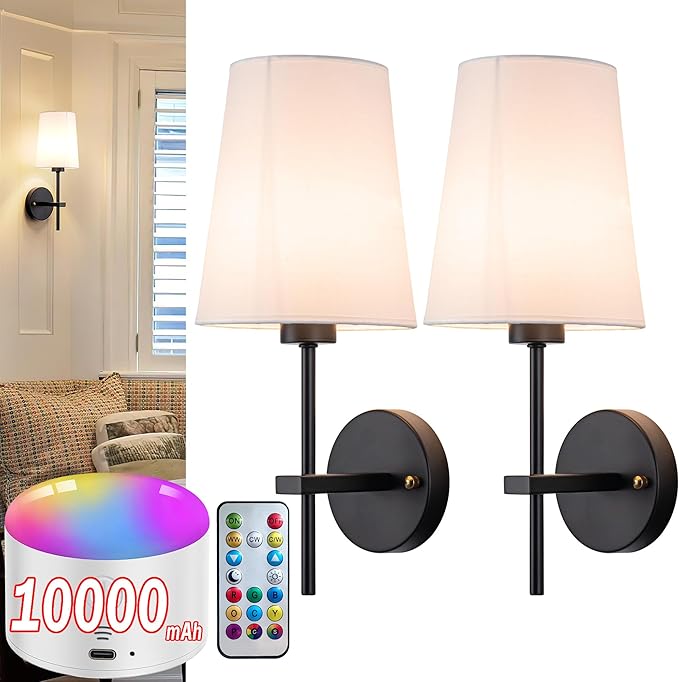 Battery Operated Wall Sconce Set of 2, Wireless Dimmable Battery Powered Wall Lamp with Remote Control, White Fabric Shade for Bedroom, Easy To Install, 3 Color Temp Bulb Included
