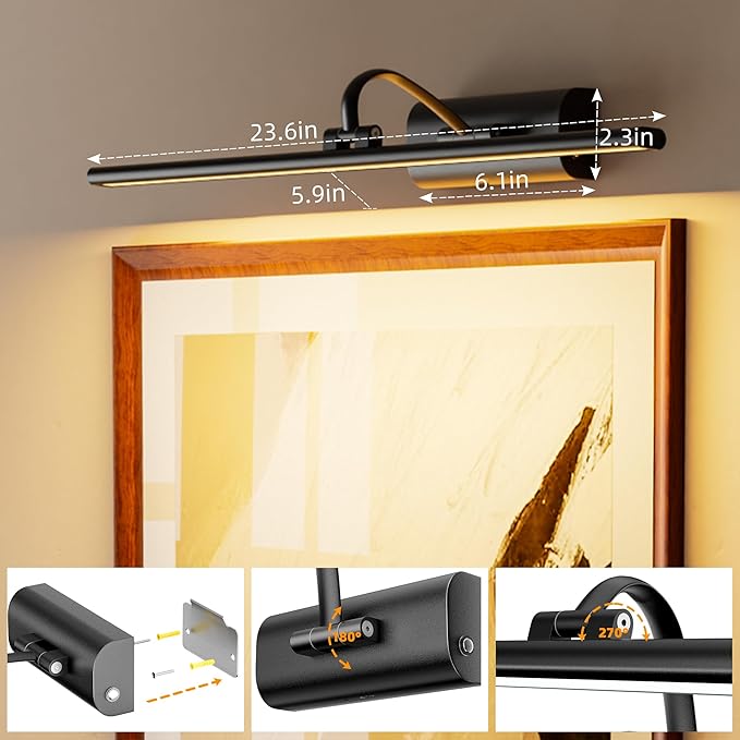 Picture Lights for Wall, 8000mAh Rechargeable Battery Operated Picture Light with Remote, 23.6" Dimmable 3 Colors Wireless Art Lighting for Paintings Picture Frame Gallery Dartboard, Black