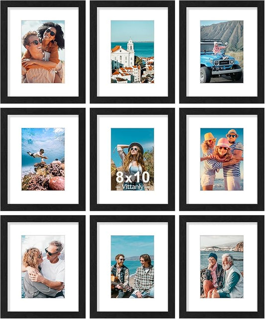 Vittanly 8x10 Picture Frames Set of 9, Shatter Resistant Plexiglass, Display 5x7 Pictures with Mat or 8x10 without Mat, Photo Frames for Wall or Tabletop, Engineered Wood, Black