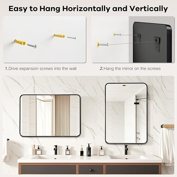 Black Mirror for Bathroom Wall - 26x38 Inch Bathroom Mirrors Over Sink with Rectangular Metal Frame, Black Vanity Rectangle Mirror for Restroom, Hallway, Home Office