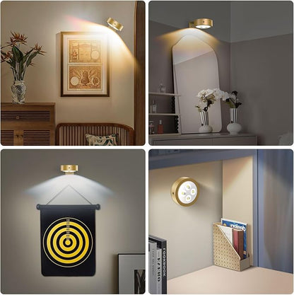 3Pack Wireless Picture Light,Battery Operated Painting Light with Remote,Magnetic Timer Display Art Lamp for Wall,Dimmable Picture Frame Light for Frame Artwork,Wall Decor Puck Lights-Gold