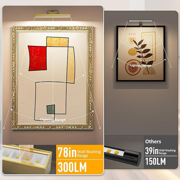 Picture Lights for Wall, Brushed Gold Battery Operated Picture Light 16in Art Light CCT Dimmable Recharging Battery Wall Light with Remote Control for Living Room Gallery