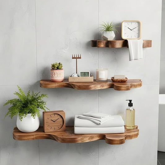 3 Sets Small Floating Shelves for Wall,3 Size Live Edge Wooden Shelf Cloud Farmhouse Vintage Wall Decor with Metal Bracket for Living Room Bedroom(Brown)