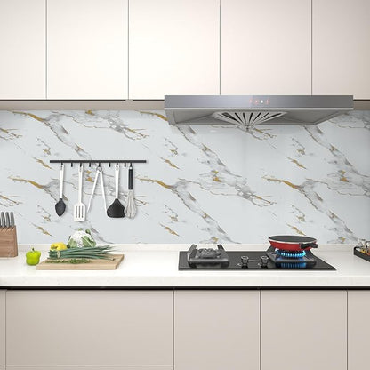 practicalWs Glossy Marble Wallpaper Peel and Stick White/Gold Granite Contact Paper Removable Wall Paper for Kitchen Countertop Cabinet Furniture 17.7" x 78.7"