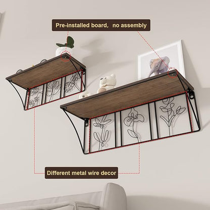 QUTREY Plant Wall Art Floating Shelves Set of 2, Minimalist Metal Abstract Decor Rustic Wooden Shelf for Living Room, Bedroom, Bathroom