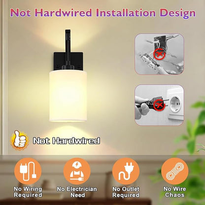 Battery Operated Wall Sconces Set of 2, Black Rechargeable Wall Sconces with Remote & Bulbs, Indoor Not Hardwired Wall Lights, 15 Colors Dimmable Cordless Wall Lamps for Living Room Bedroom Hallway