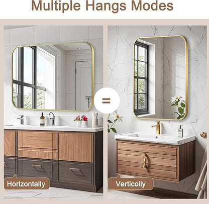 Brushed Gold Mirror, 22"x30" Rectangle Bathroom Mirror, Metal Frame Rectangle Corner Vanity Mirror, Wall Mounted Mirror for Modern, Living Room, Bedroom, Horizontal Or Vertical