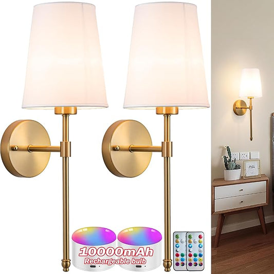 Rechargeable Battery Operated Wall Sconce Set of 2, Indoor Not Hardwired Dimmable Wall Lamps for Bedroom Living Room(Brass-White lampshade-20 inch)