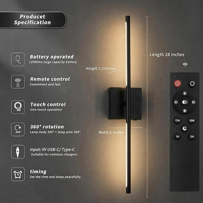 Battery Operated wall Sconce Set of 2 Rechargeable Wireless Cordless 12000ma 360° Rotation Large wall Lights lamp Modern Decor Linear Long Metal Black 28"
