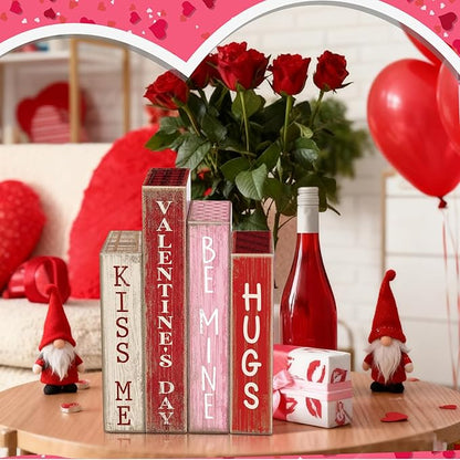 4 Pcs Valentines Day Decoration Wooden Book Valentine's Day Table Decoration Pink Red and White Valentines Tiered Tray Decor Wood Book Sign Farmhouse for Wedding Home Shelf Coffee Table