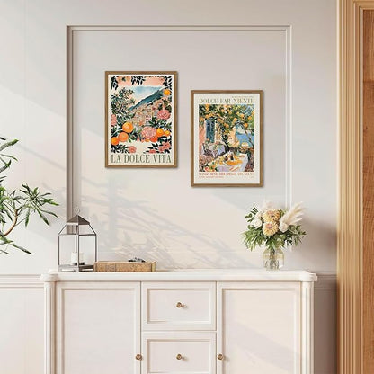 Italy Travel Wall Art Set of 3, Amalfi Coast Wall Decor, Trendy Italian Food Kitchen Poster Canvas Prints, Vintage City Landscape Artwork for Dining Room Living Room 12x16 inch Wood Framed
