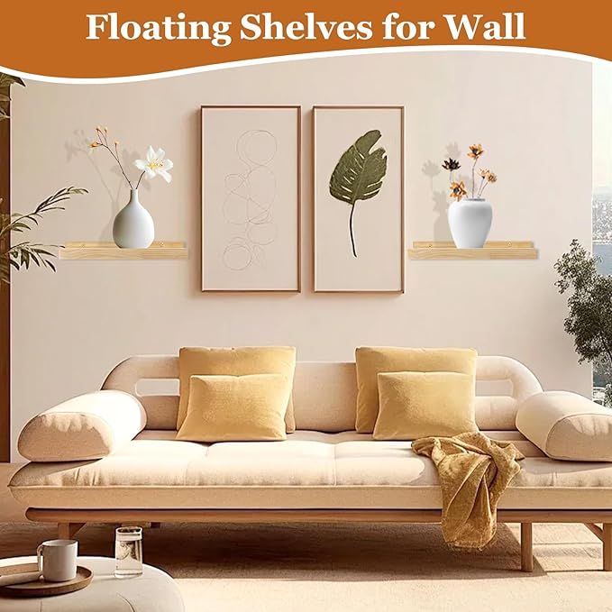 Jeffbaubl Floating Shelves Set of 2, 11.8inch Picture Ledge Shelf for Wall Decor Storage, Natural Wood Wall Shelves with Lip for Bedroom Living Room Kitchen Nursery Books Photo Frames, Natural