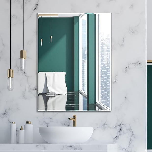 Frameless Bathroom Mirror for Wall, Rectangle Beveled Edge Mirror for Over Sink, Tempered Glass, Shatterproof, Hangs Horizontally or Vertically for Living Room, Entryway, Restroom, 32" x 24"