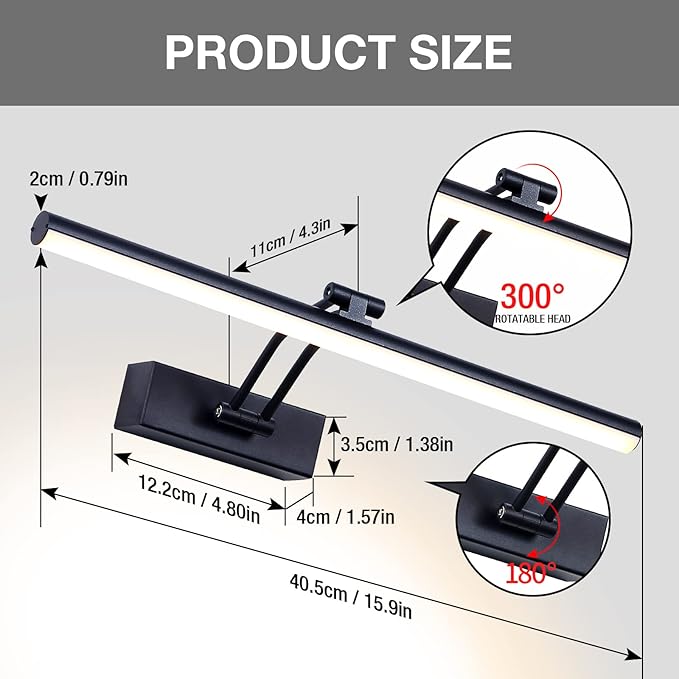Wireless Picture Light, 16 inches, Battery Operated, Dimmable Black Metal LED Art Light for Wall Sconce