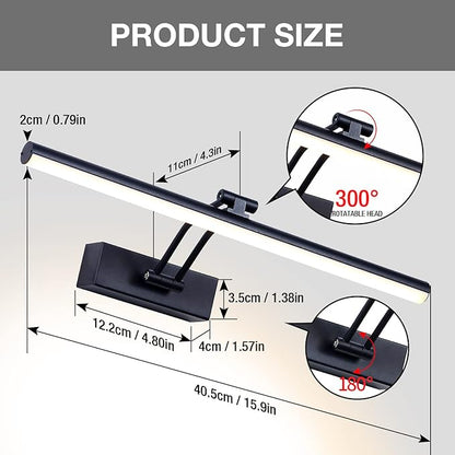 Wireless Picture Light, 16 inches, Battery Operated, Dimmable Black Metal LED Art Light for Wall Sconce