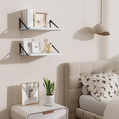 Floating Shelves for Wall,18" Wall Mounted Shelves Set of 2,Wood Floating Shelf with Bracket,Sturdy Metal Bracket Bookshelves Home Decor Storage for Living Room,Bedroom,Bathroom,Kitchen,White
