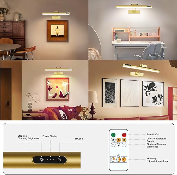 Magnetic Wireless Picture Light Rechargeable Battery Operated with Remote/Touch Control/Timer, Angle Adjustable 16in Metal Painting Light, 3 Color Dimmable, Art Light for Display, Wall, Gallery, Gold
