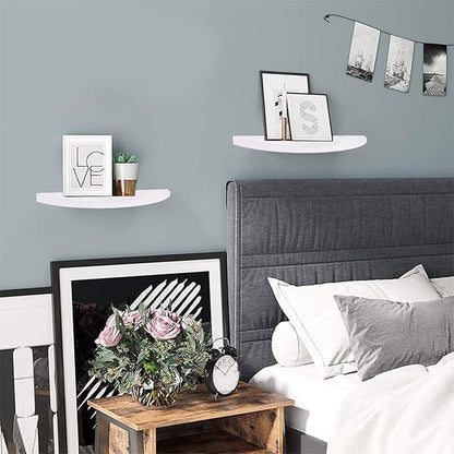 Small Floating Plant Shelves Set of 2 - Rustic Wood Half Circle Shelves for Bedroom Living Room Bathroom Kitchen Office (White)