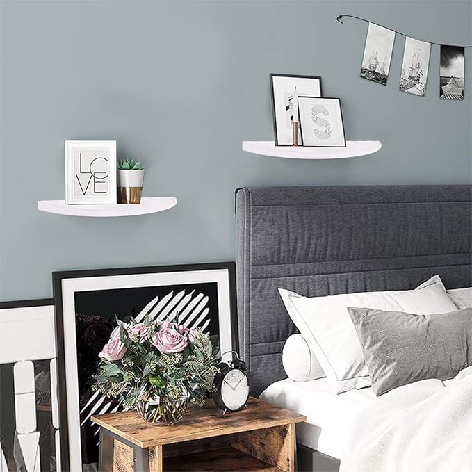 Small Floating Plant Shelves Set of 2 - Rustic Wood Half Circle Shelves for Bedroom Living Room Bathroom Kitchen Office (White)