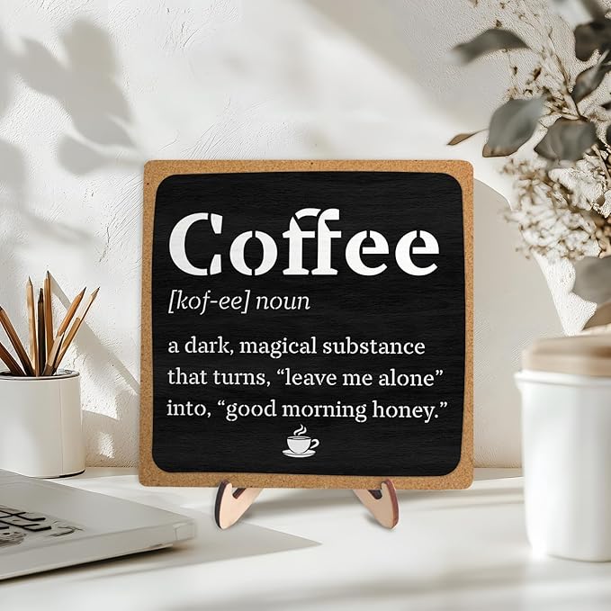 Vintage Coffee Bar Wooden Plaque Desk Sign, Farmhouse Wood Plaque Tabletop Decor for Cafe Bar Kitchen Office,Coffee Station Accessories 5.9x5.9Inch