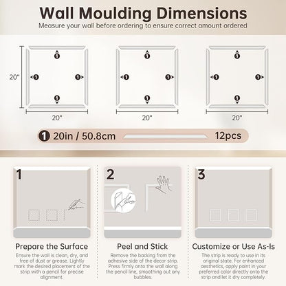 DODOKIE Peel and Stick Wall Molding Kit, Pre Cut Molding Wainscoting Panels for Interior Home Wall Moulding Décor Living Room Decoration, Self-Adhesive Ready to Assemble White (3 Set, 20 x 20 in)