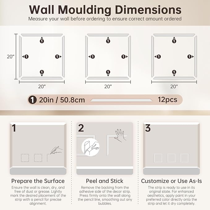 DODOKIE Peel and Stick Wall Molding Kit, Pre Cut Molding Wainscoting Panels for Interior Home Wall Moulding Décor Living Room Decoration, Self-Adhesive Ready to Assemble White (3 Set, 20 x 20 in)