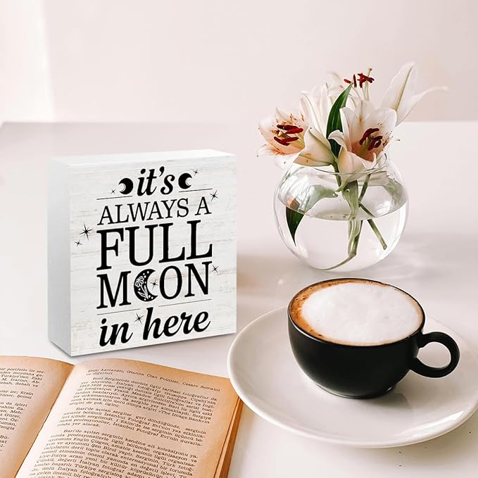Rustic Full Moon Bathroom Wood Box Sign - It Is Always A Full Moon In Here, Humor Toilet Accessories Wood Plaque, Woods Table Decorative Signs for Office Home Dorm Tabletop Shelf Decoration