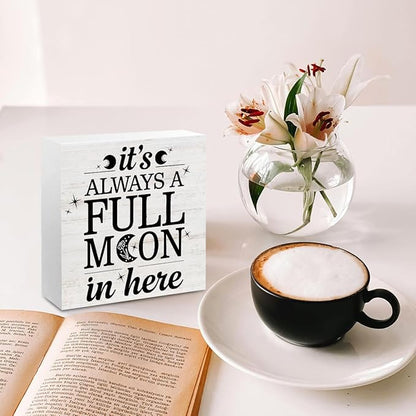 Rustic Full Moon Bathroom Wood Box Sign - It Is Always A Full Moon In Here, Humor Toilet Accessories Wood Plaque, Woods Table Decorative Signs for Office Home Dorm Tabletop Shelf Decoration