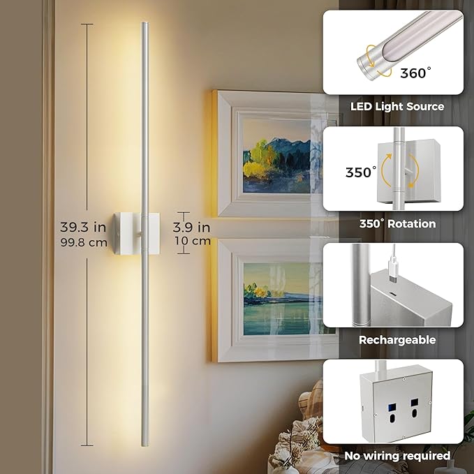 L LOHAS LED Battery Operated Wall Sconces Set of 2, Battery Wall Sconce 10000mAh, Nickel Rechargeable Sconces 3CCT, 31.6 Inch Wireless Wall Lights, Sconce Wall Decor for Bedroom, Living Room