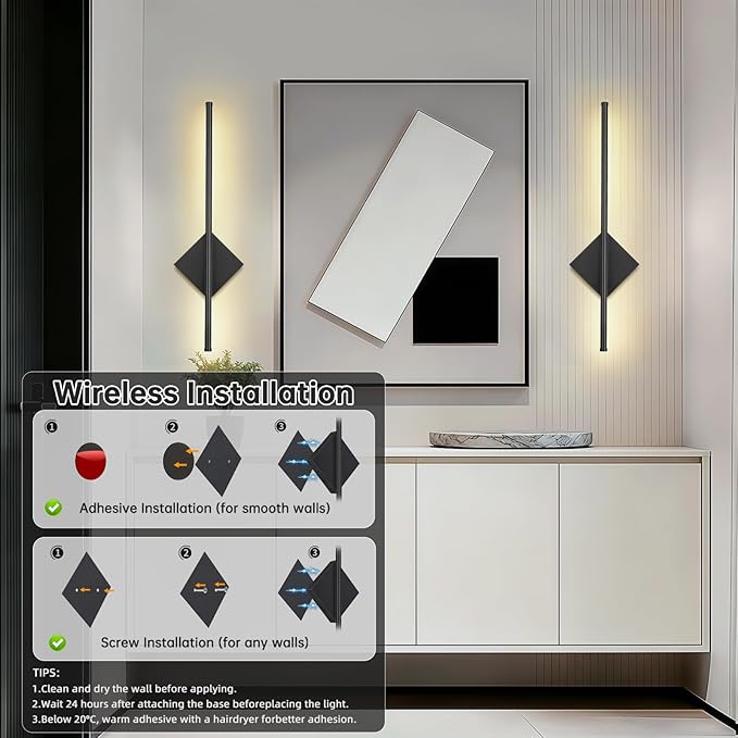 Battery Operated Wall Sconces Set of Two, Modern Sconces Wireless Cordless Rechargeable Light with Remote, Black Wall Lamp Dimmable Magnetic Home Decor for Bedroom Living Room Hallway Timing 23.6 Inch